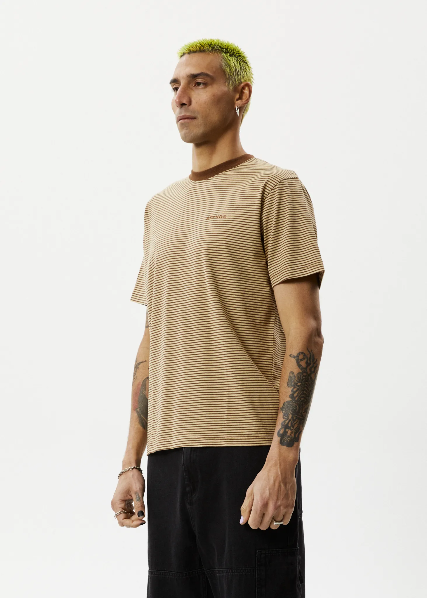 AFENDS Mens Invisible - Retro T-Shirt - Toffee Stripe