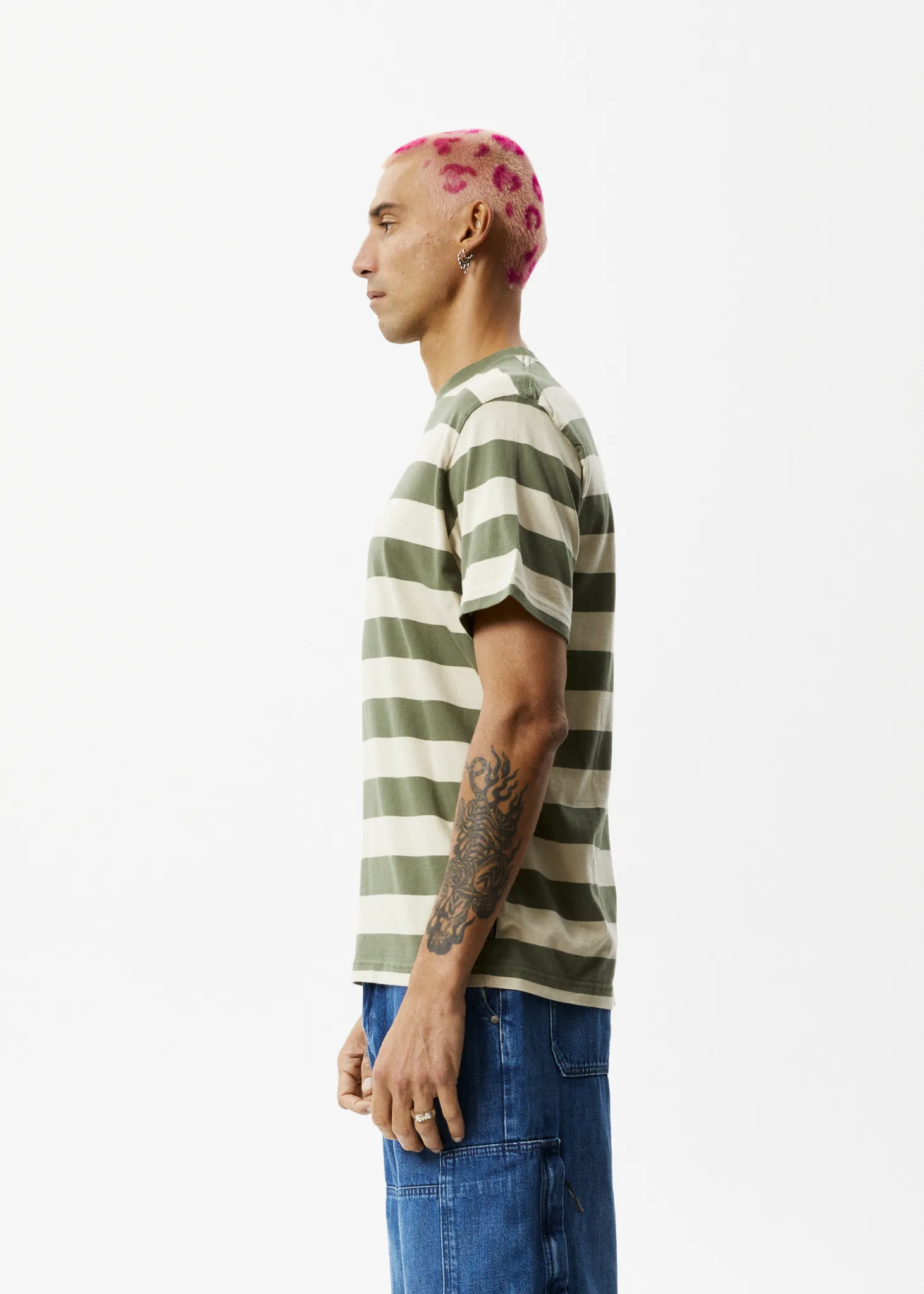 AFENDS Mens Needle - Retro Logo T-Shirt - Cypress Stripe