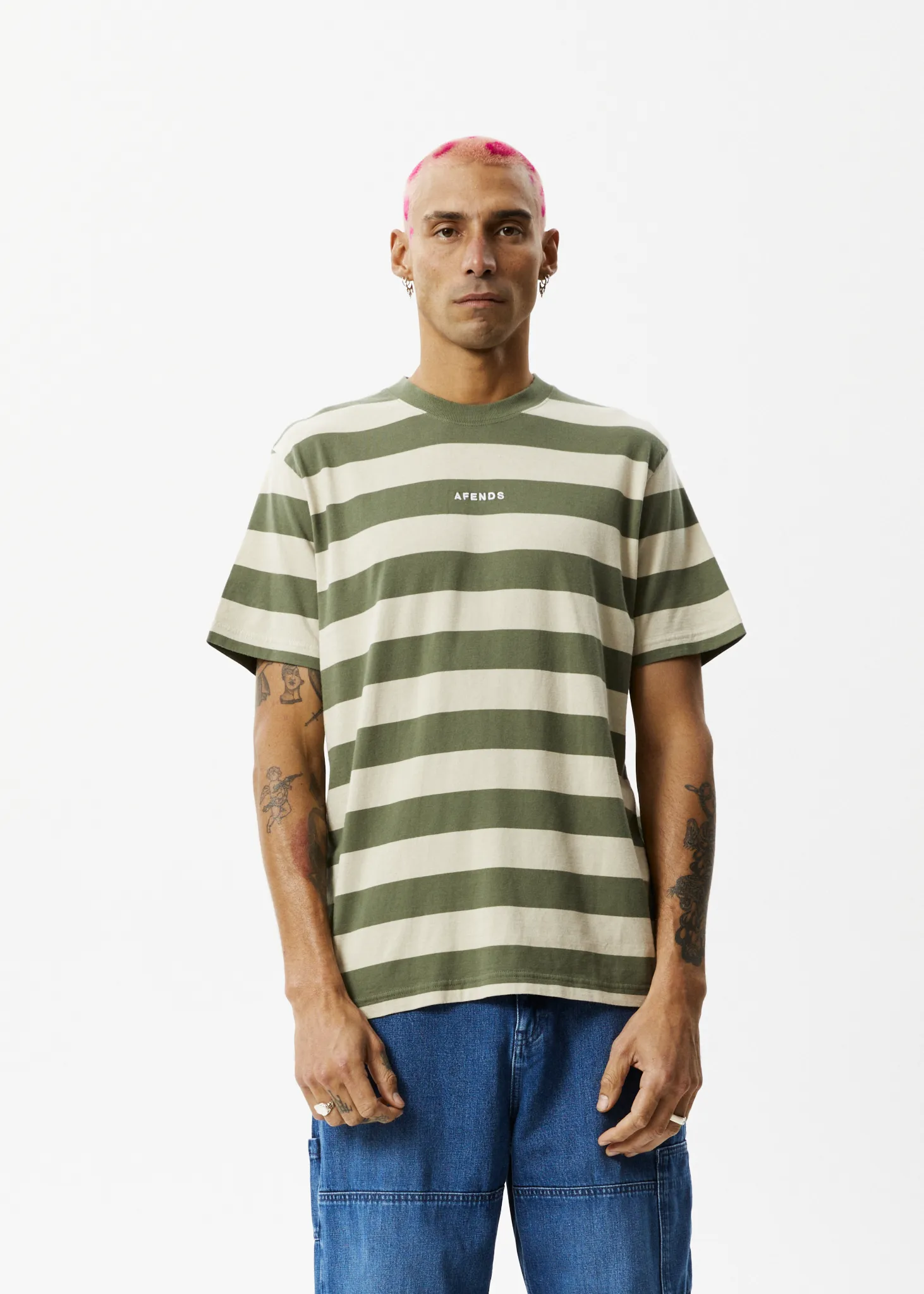 AFENDS Mens Needle - Retro Logo T-Shirt - Cypress Stripe