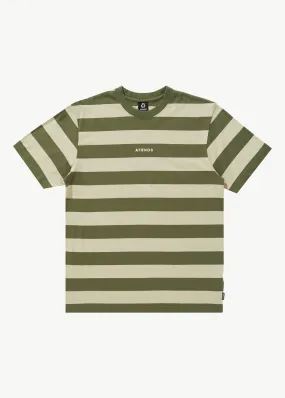 AFENDS Mens Needle - Retro Logo T-Shirt - Cypress Stripe