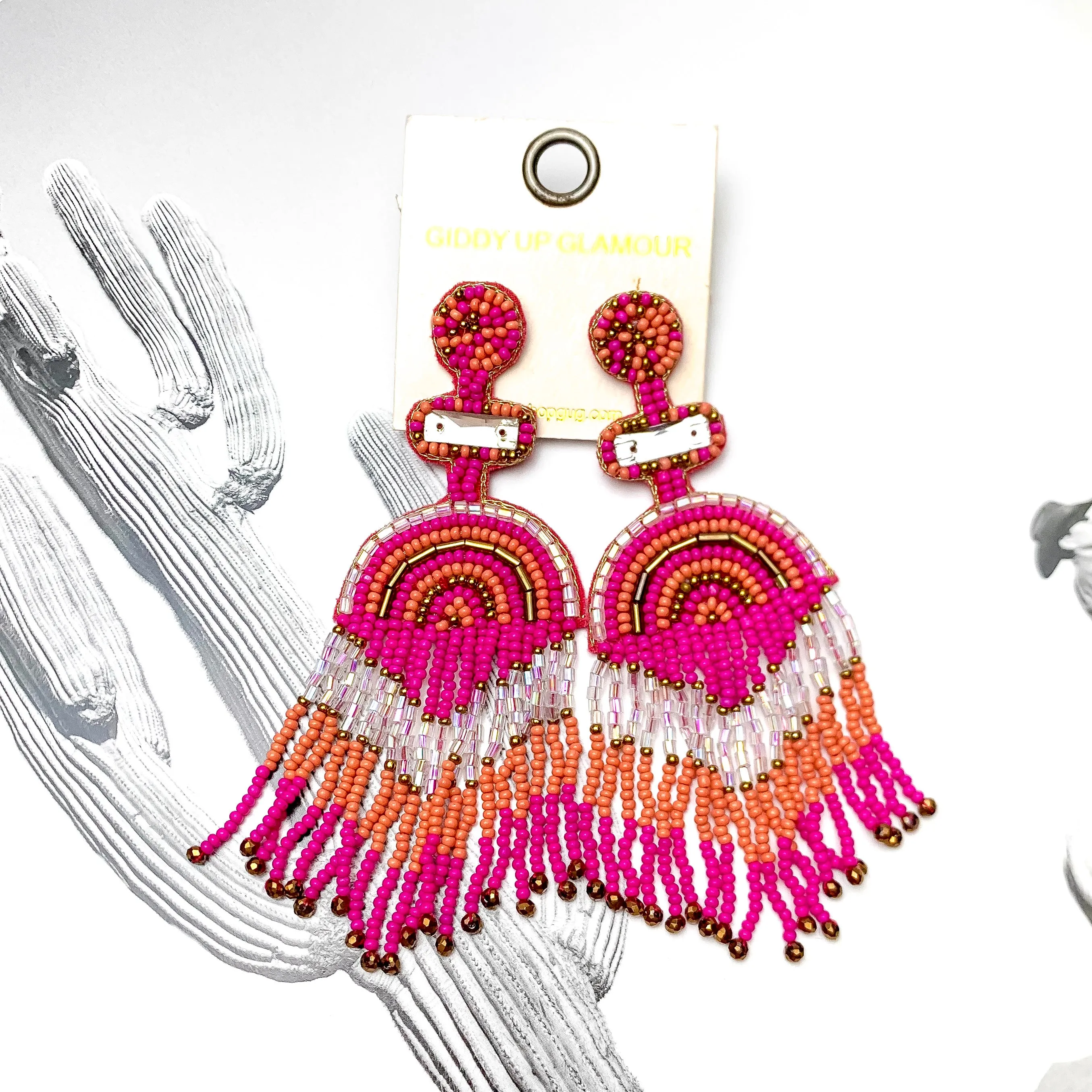 Balcony Views Seed Bead Fringe Earrings in Fuchsia Pink