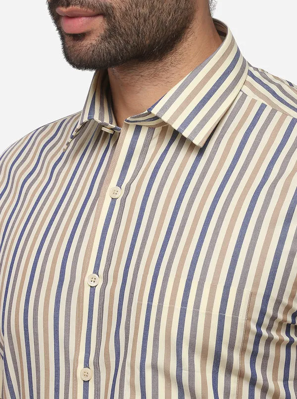 Beige & Blue Striped Regular Fit Formal Shirt | JadeBlue