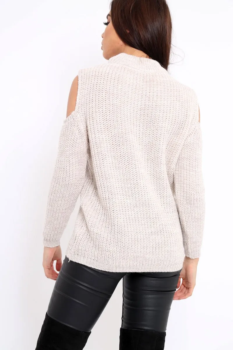 Chunky Beige Distressed Pearl Knit Jumper - Narla