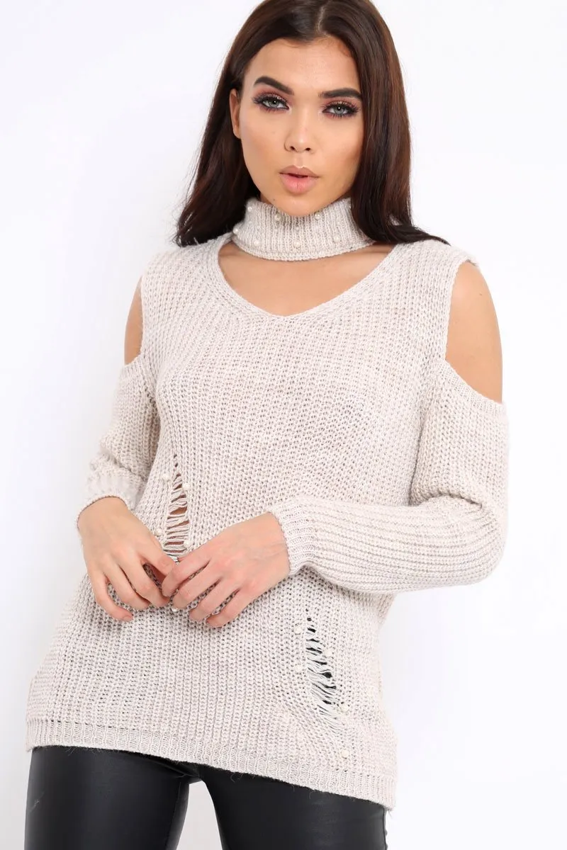 Chunky Beige Distressed Pearl Knit Jumper - Narla