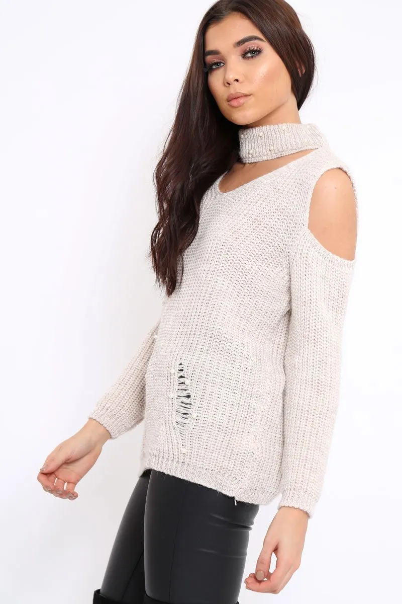 Chunky Beige Distressed Pearl Knit Jumper - Narla