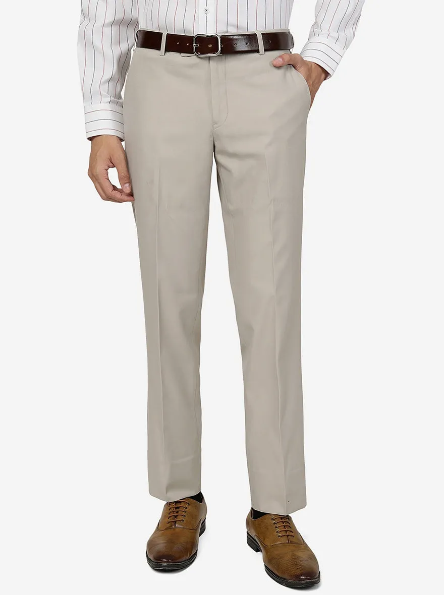 Beige Solid Slim Fit Formal Trouser | Metal