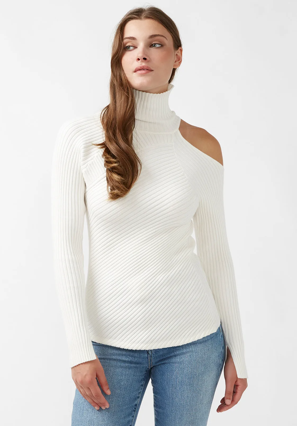 Beronia Women's Long Sleeve Cut Out Shoulder Sweater in Ivory - SW0037H