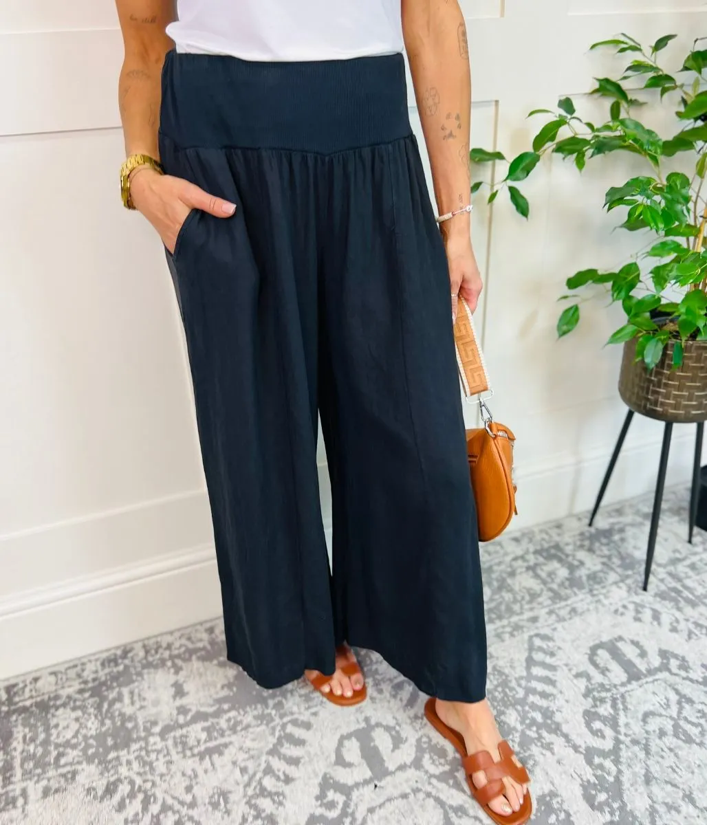 Black Linen Blend Wide Leg Trousers