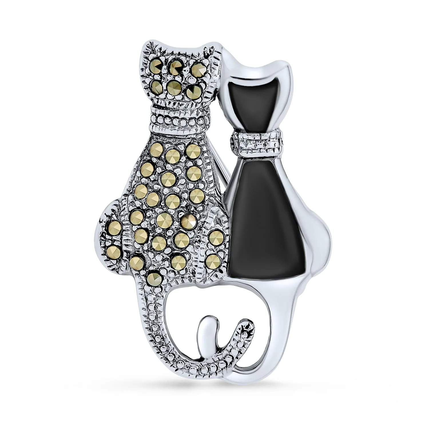 Black Onyx & White MOP Marcasite Two Cats Kitten Brooch Pin Stud Earrings Silver