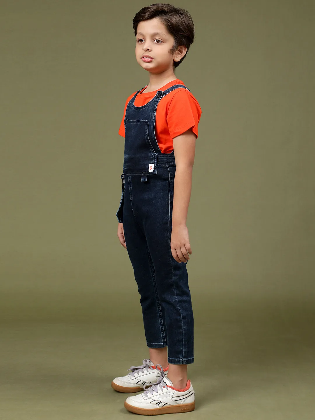 Boys Dark Blue Regular Fit Lycra Solid Dungaree