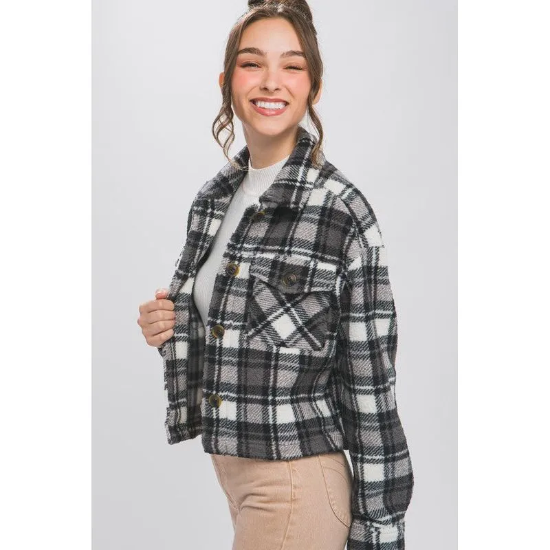 Casual Plaid Button Up Jacket with Pockets