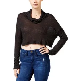 Chelsea Sky Women's Cowl Neck Metallic Long Sleeves Crop Top, Black, L