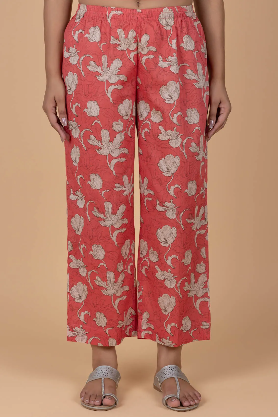 Coral Red Printed Trousers