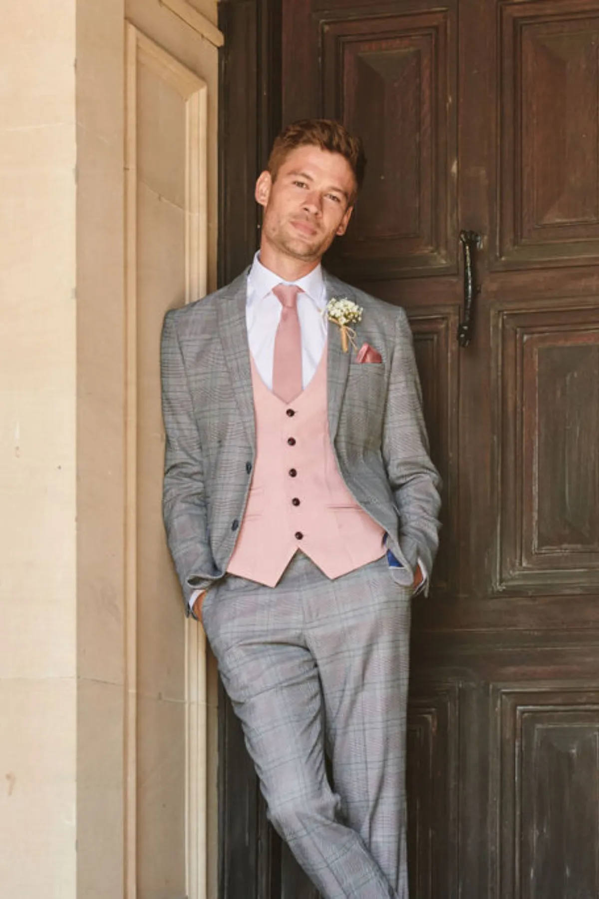 JERRY - Grey Check Suit With Kelvin Pink Waistcoat