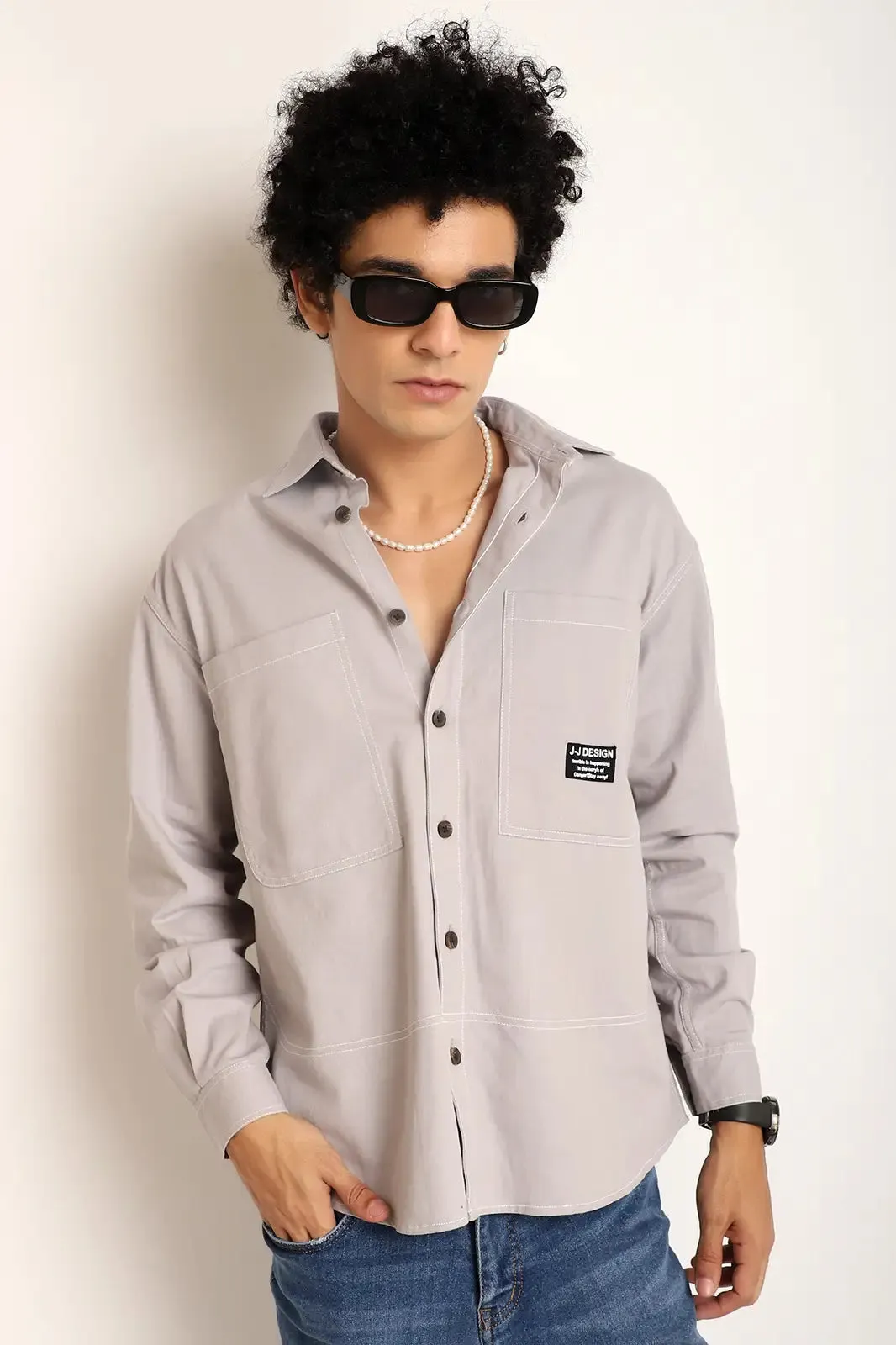 Light Grey Twill Solid Plain Shirt