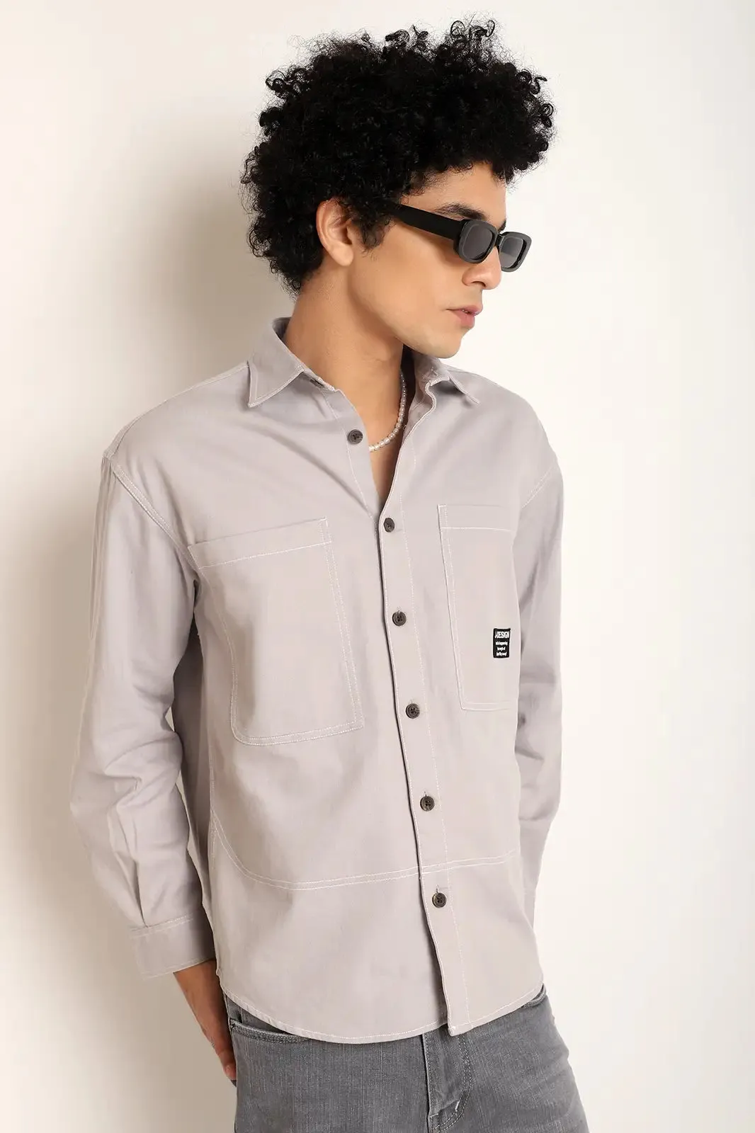 Light Grey Twill Solid Plain Shirt