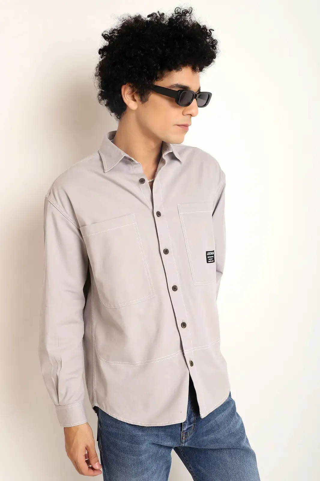 Light Grey Twill Solid Plain Shirt