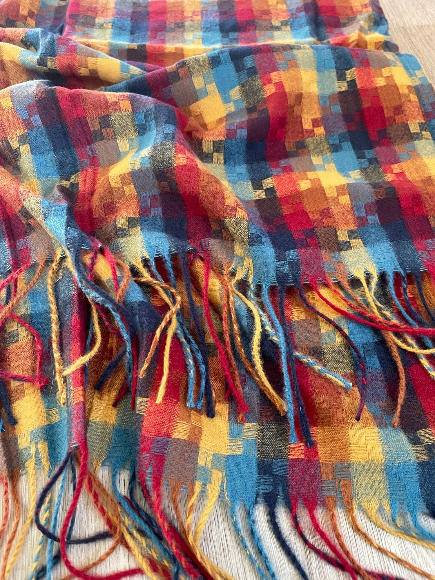 LONG RED MULTICOLOUR WOOL MIX CHECKED TARTAN SCARF