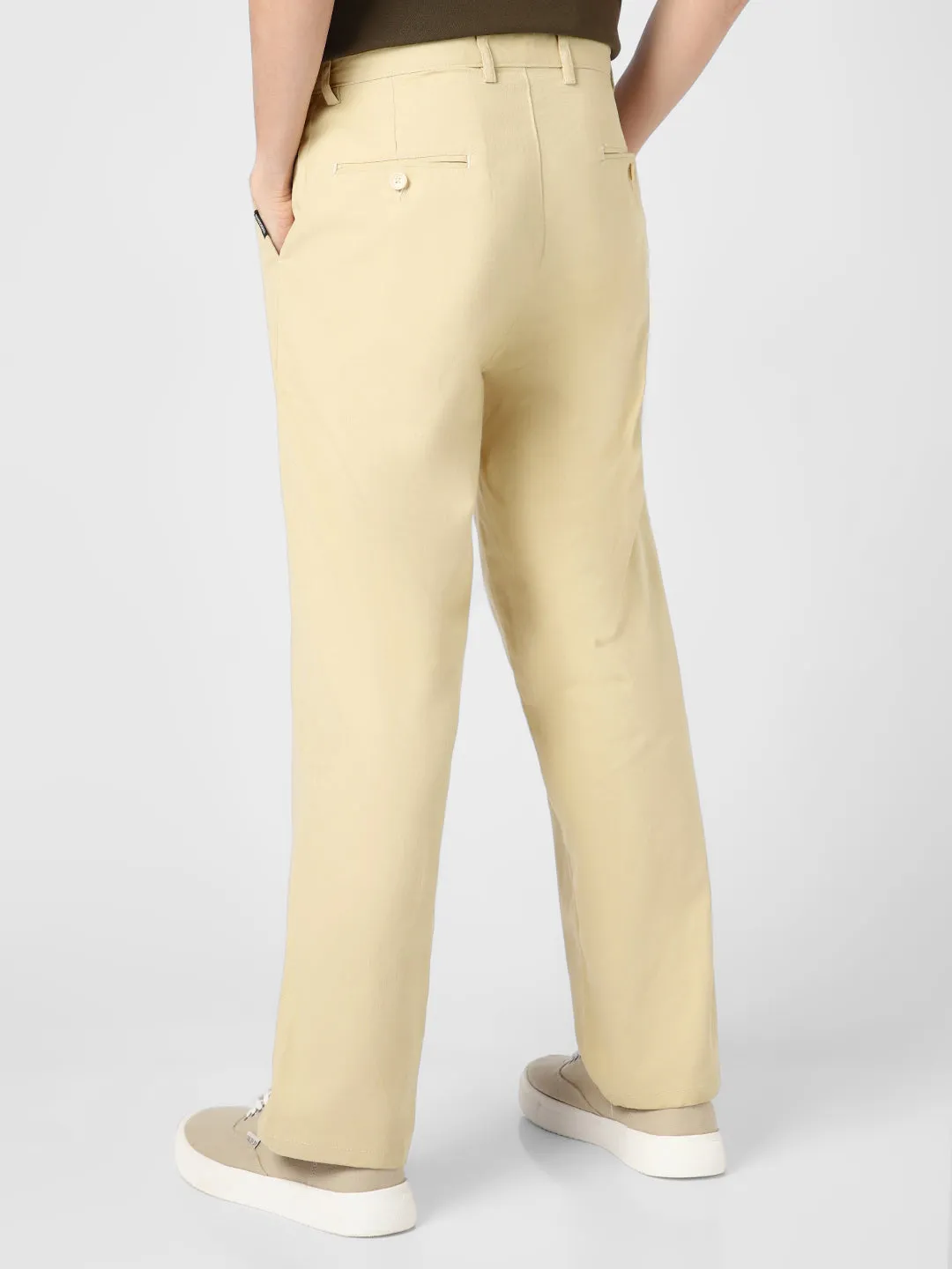 Men's Beige Loose Baggy Fit Solid Chino Trousers Non-Stretchable