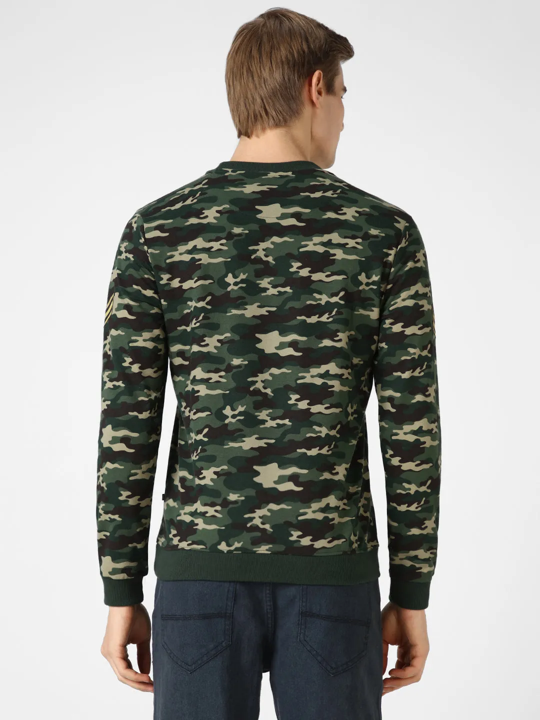 Men's Green Cotton Camouflage Printed Round Neck Sweatshirt