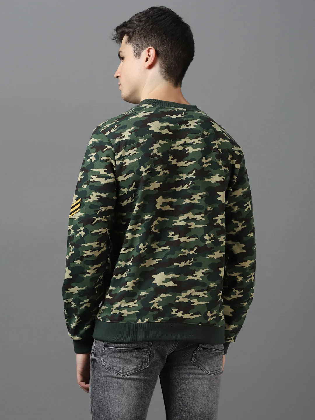 Men's Green Cotton Camouflage Printed Round Neck Sweatshirt