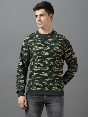 Men's Green Cotton Camouflage Printed Round Neck Sweatshirt