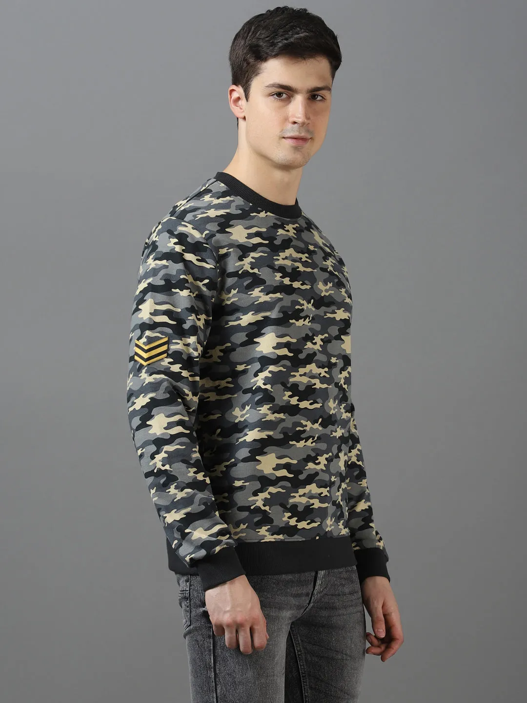 Men's Grey Cotton Camouflage Printed Round Neck Sweatshirt