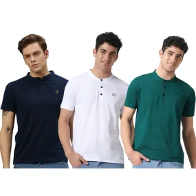 Men's Multicolor Solid Mandarin Collar Slim Fit Cotton T-Shirt Pack of 3