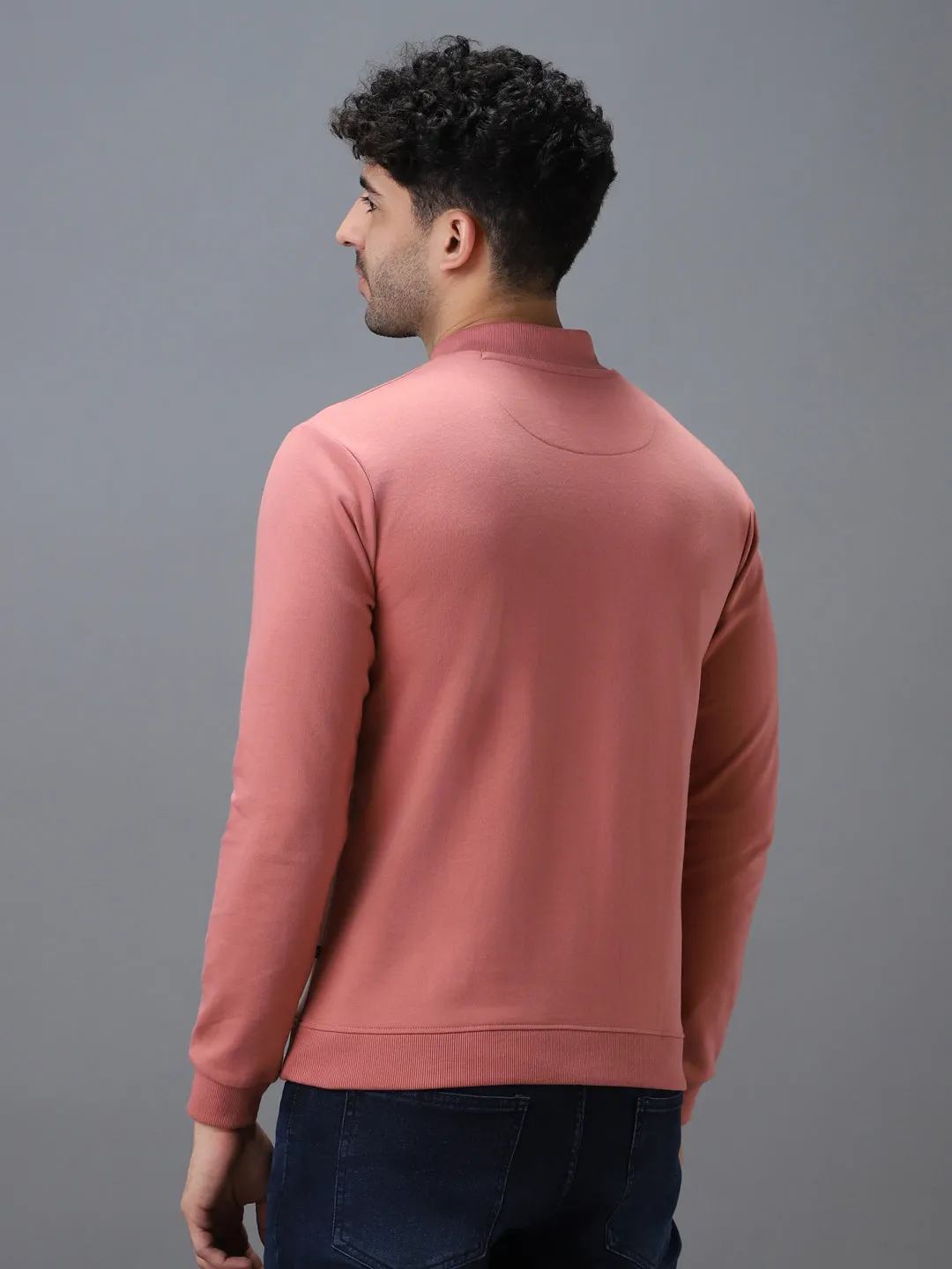 Men's Pink Cotton Solid Button High Neck Sweatshirt