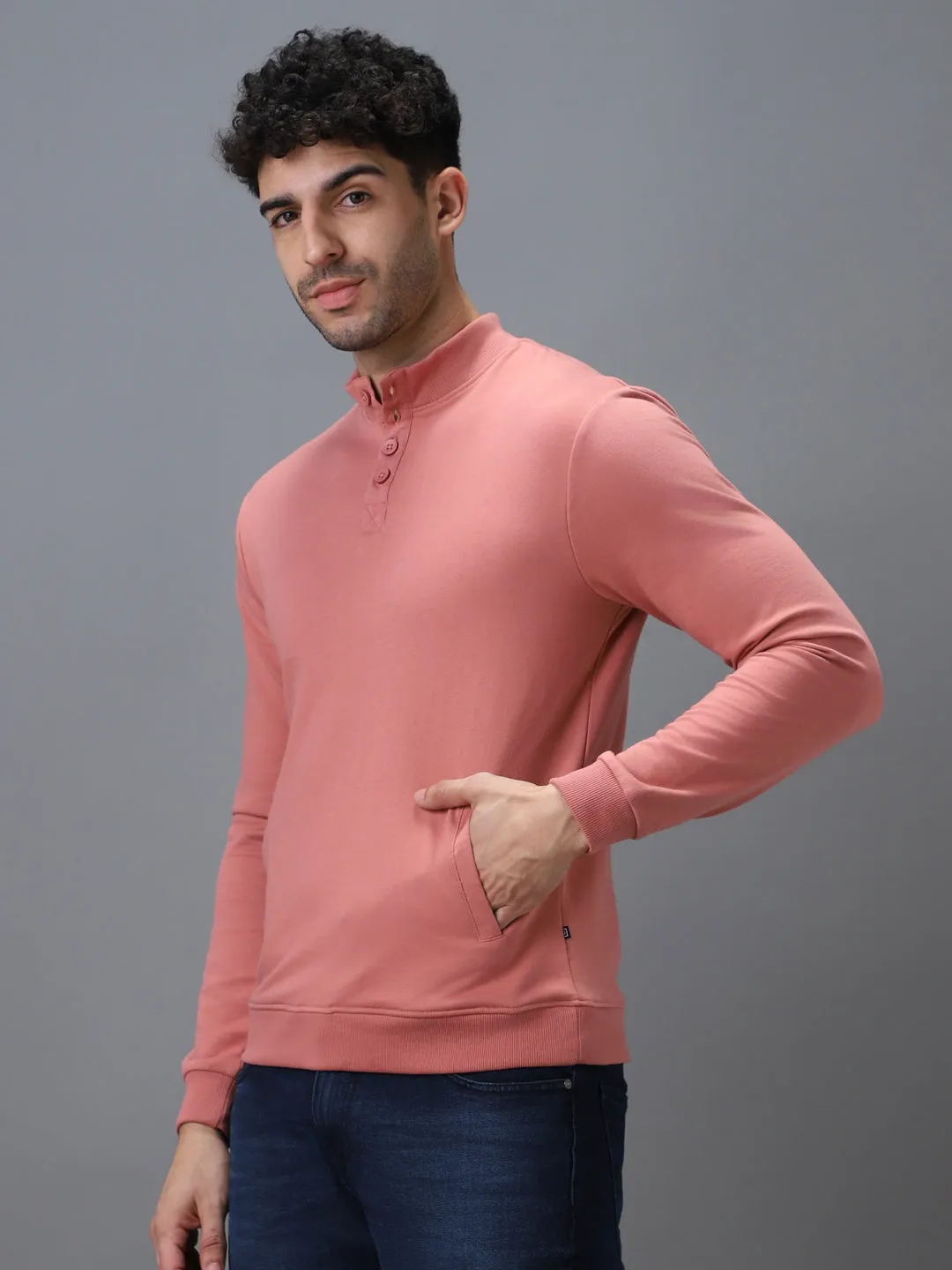 Men's Pink Cotton Solid Button High Neck Sweatshirt