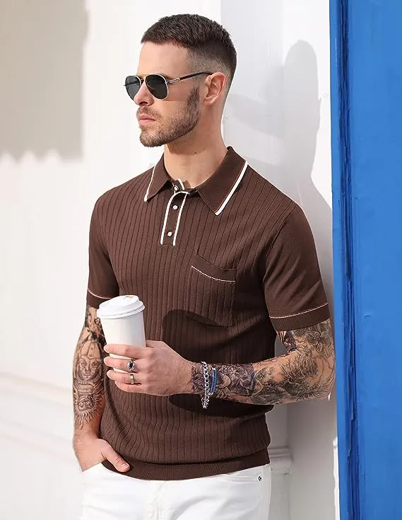 Men's Short Sleeve Knit Button Polo Shirts Casual Pullover Golf Shirt with Pockets