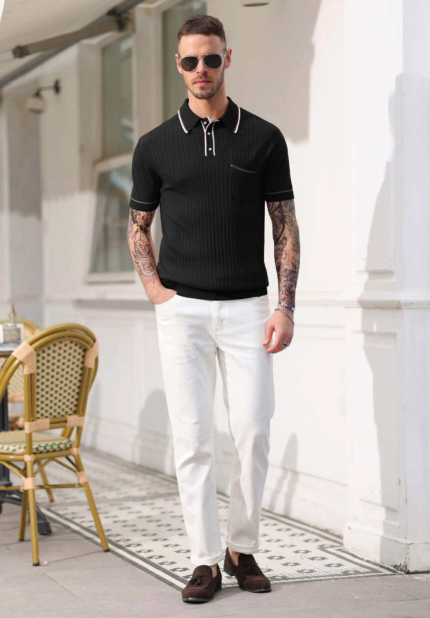 Men's Short Sleeve Knit Button Polo Shirts Casual Pullover Golf Shirt with Pockets