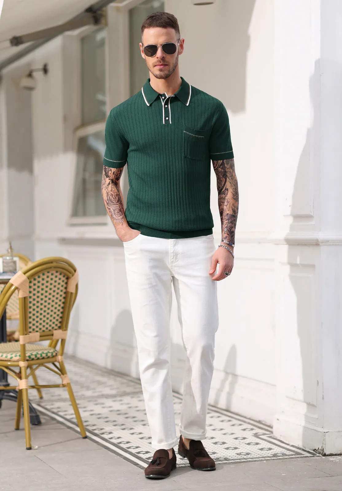 Men's Short Sleeve Knit Button Polo Shirts Casual Pullover Golf Shirt with Pockets