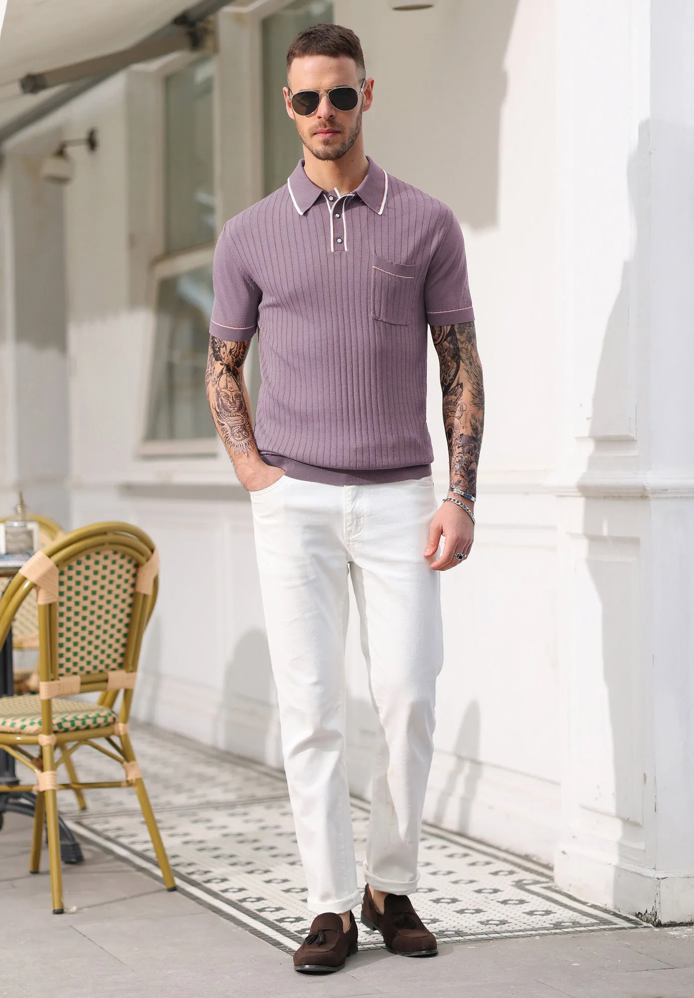 Men's Short Sleeve Knit Button Polo Shirts Casual Pullover Golf Shirt with Pockets