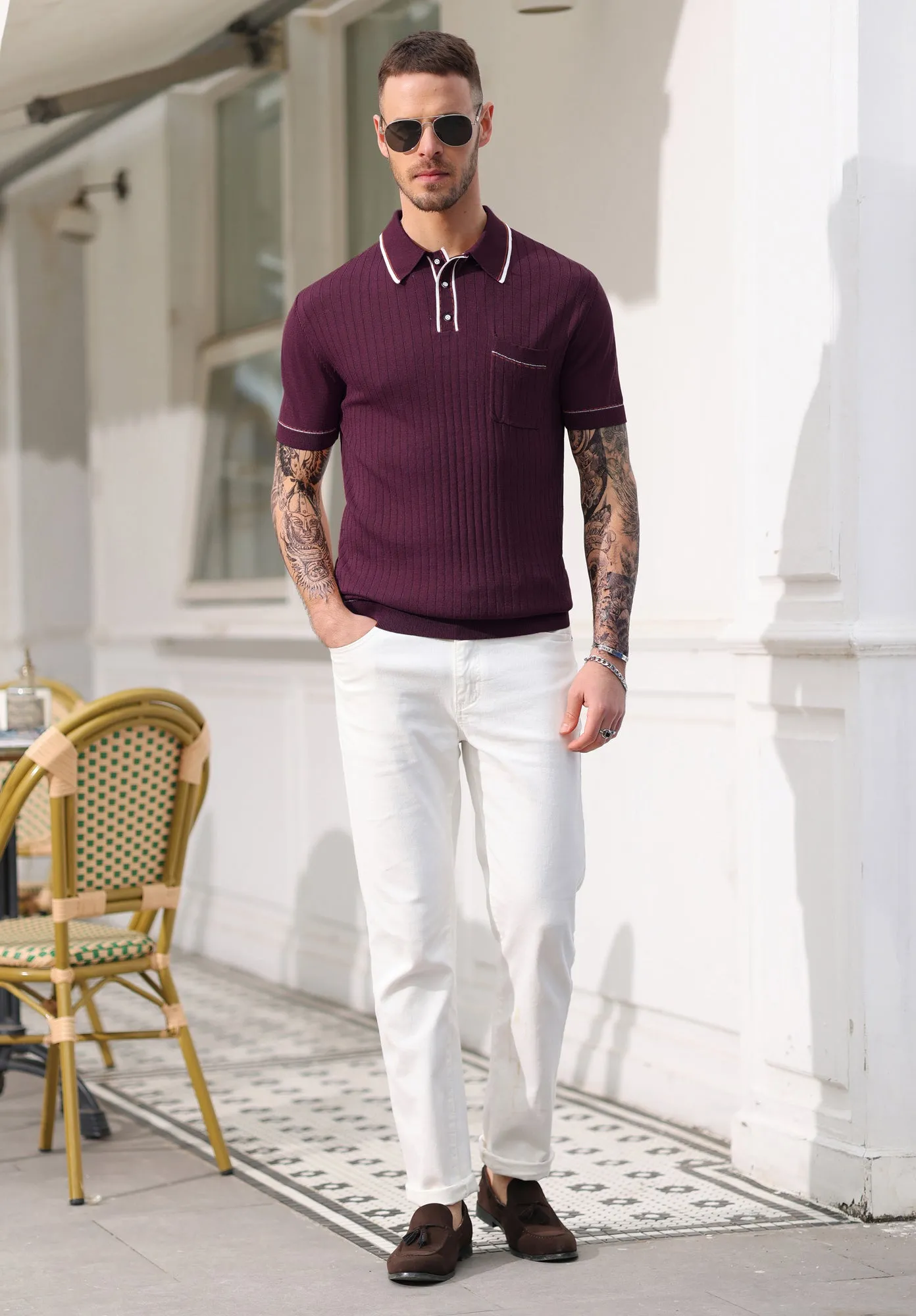 Men's Short Sleeve Knit Button Polo Shirts Casual Pullover Golf Shirt with Pockets