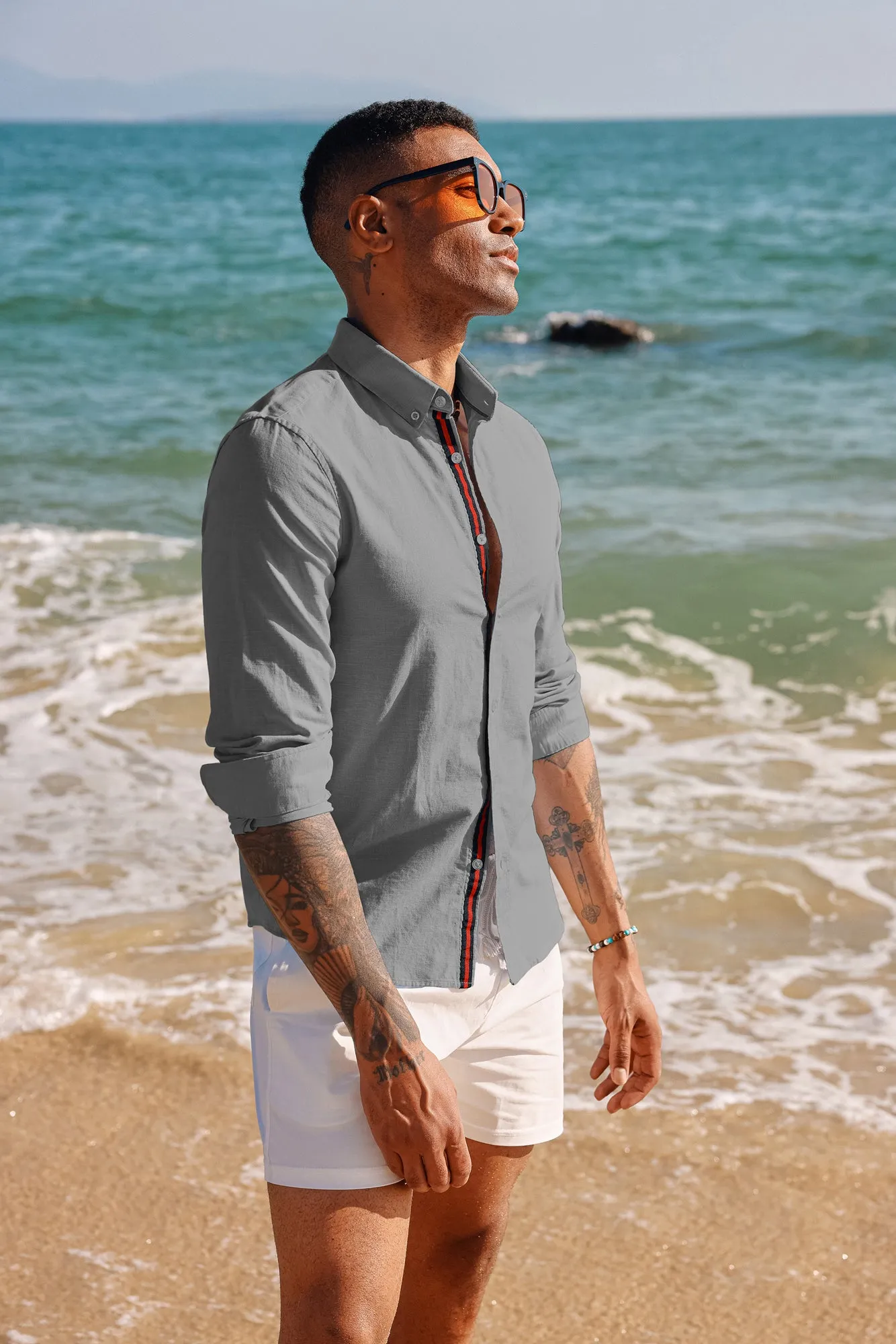 PJ Men Breathable Cotton & Linen Shirt Long Sleeve Button-Down Collar Tops