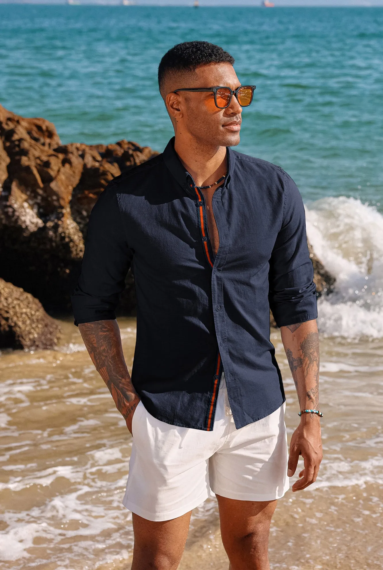 PJ Men Breathable Cotton & Linen Shirt Long Sleeve Button-Down Collar Tops