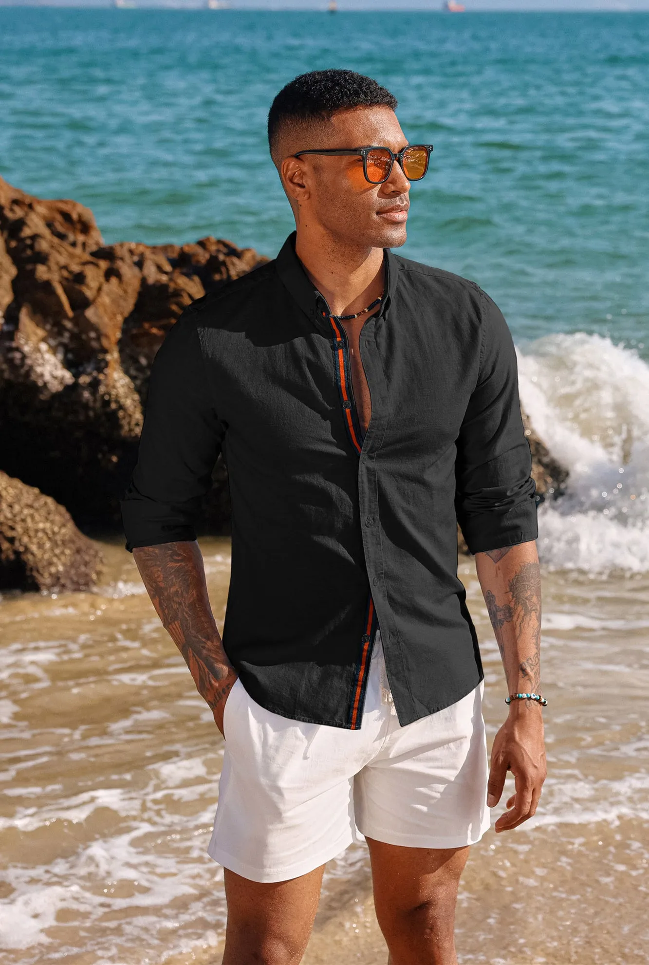 PJ Men Breathable Cotton & Linen Shirt Long Sleeve Button-Down Collar Tops