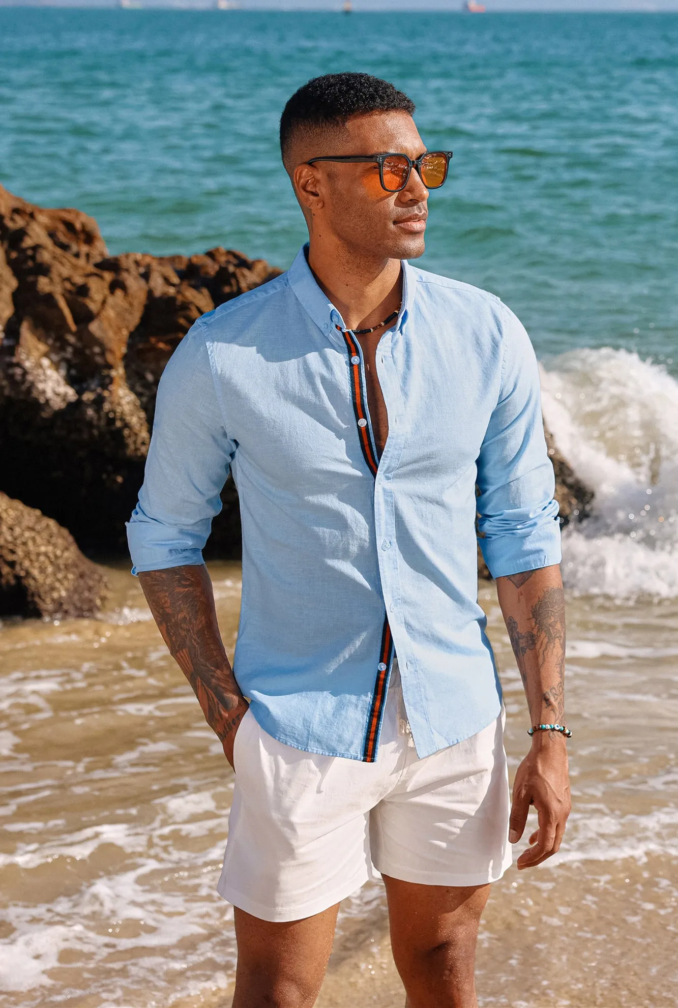 PJ Men Breathable Cotton & Linen Shirt Long Sleeve Button-Down Collar Tops