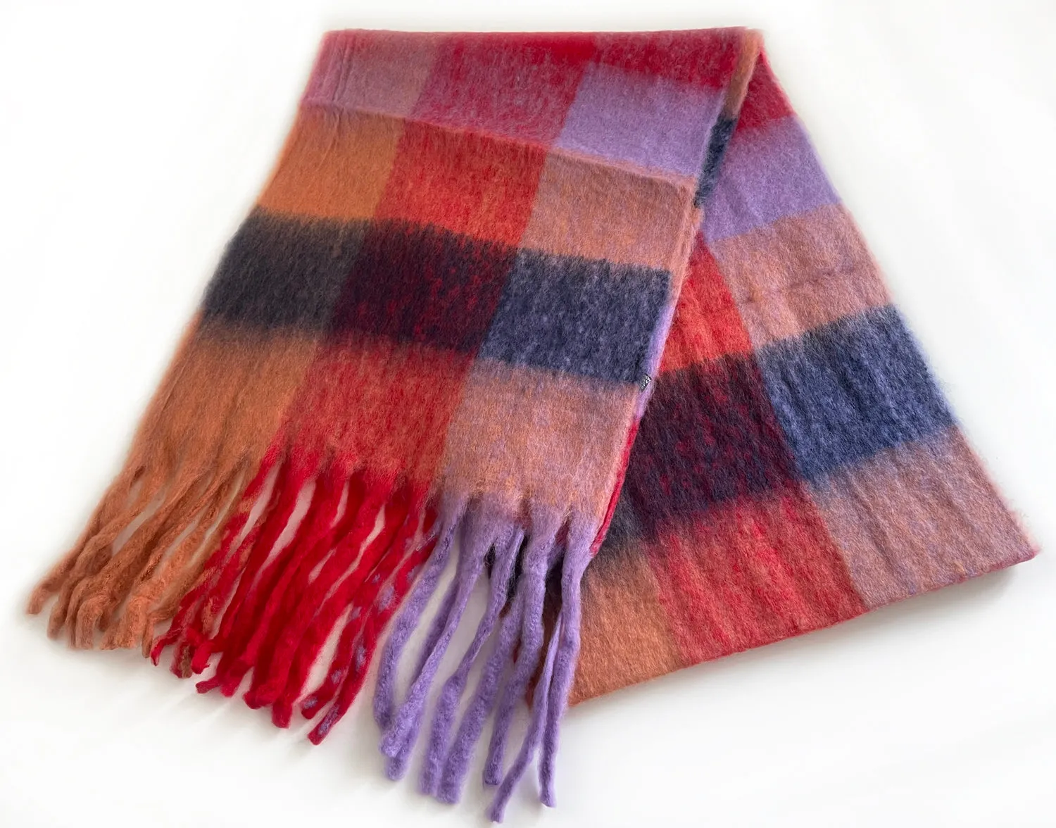 RED CHECKED WOOL RAINBOW BLANKET SCARF OVERSIZED WINTER SHAWL WRAP